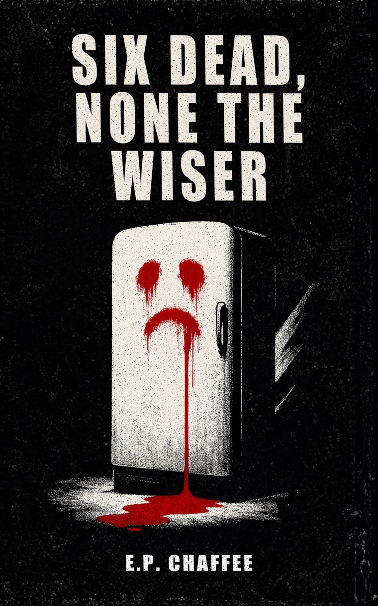 Six Dead, None the Wiser — front cover: a vintage refrigerator with a sad face spray-painted in red, bleeding onto the floor.